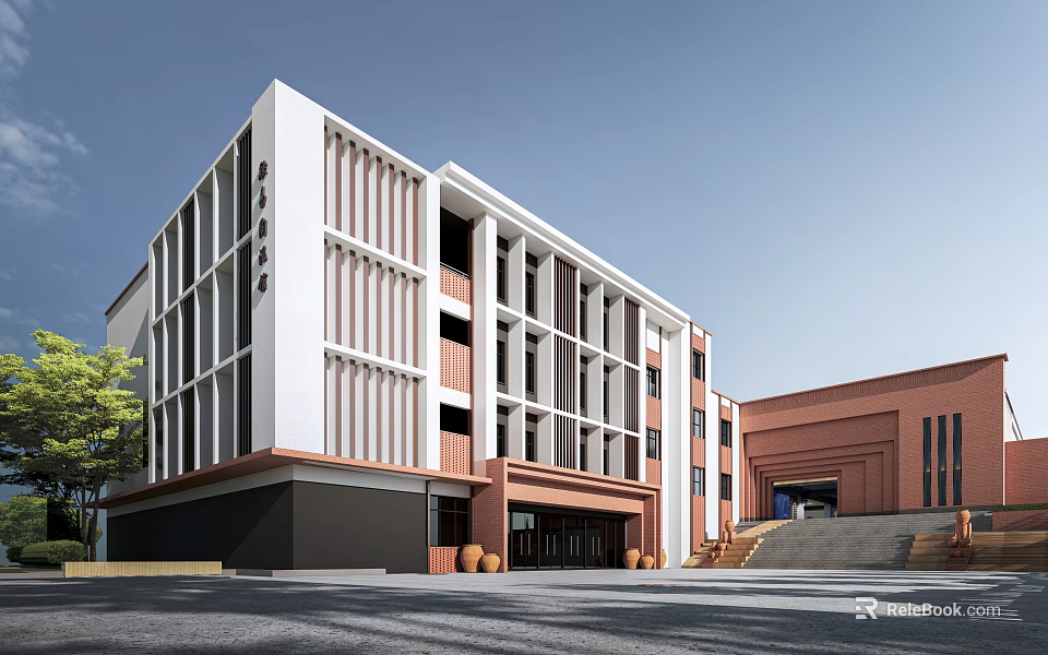 Modern Office Building With Glass Windows And White Brown Exterior Facade 3d model 