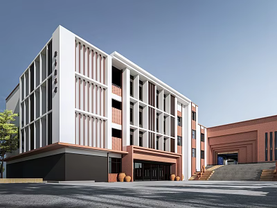 Modern Office Building With Glass Windows And White Brown Exterior Facade 3d model