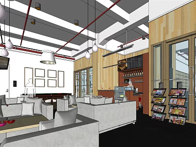 Modern Public Office Space Interior With Sofas Tables Pendant Lights And Wooden Walls 3d model