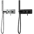 Modern Shower Faucet System With Silver And Black Design And Control Knobs