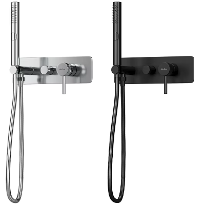 Modern Shower Faucet System With Silver And Black Design And Control Knobs 3d model