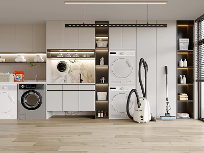 Modern Laundry Room Interior With Stacked Washing Machine Dryer Storage Cabinets And Cleaning Tools 3d model
