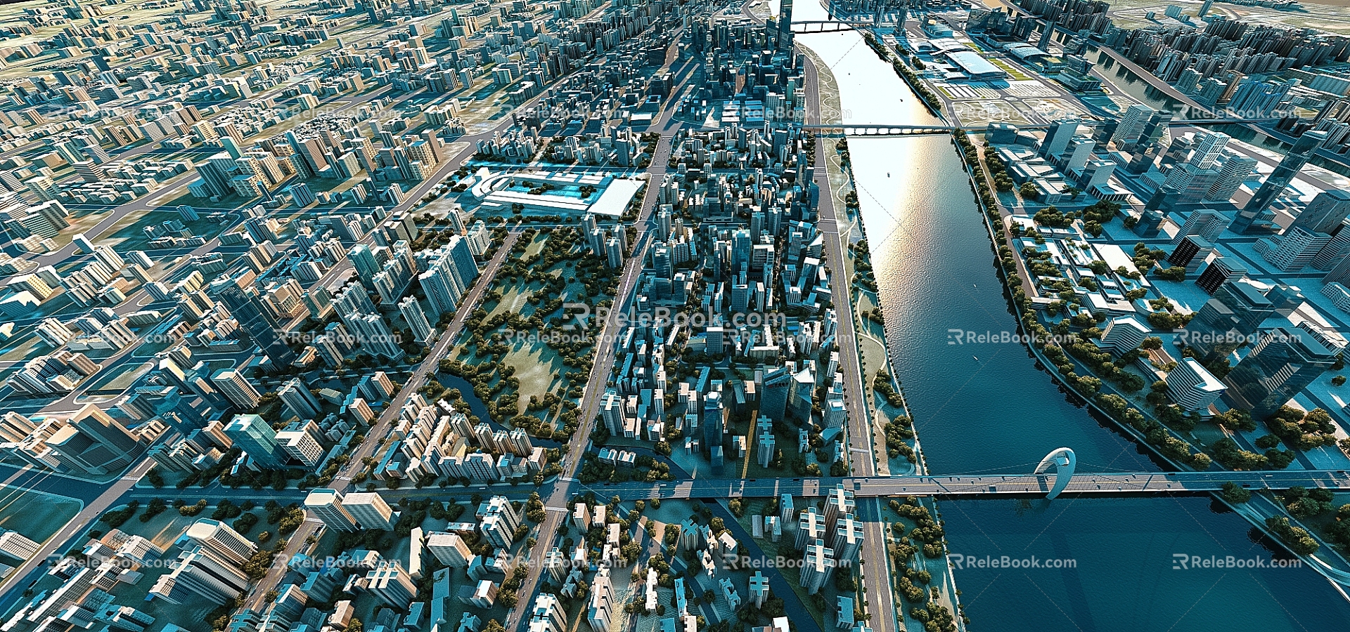 modern city, urban planning, river architecture 3d model