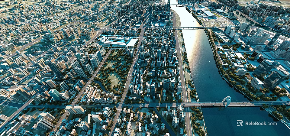 Aerial View Of Urban Cityscape With River Bridge High Rise Buildings And Green Spaces 3d model 