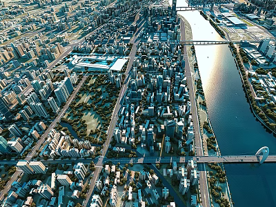 Aerial View Of Urban Cityscape With River Bridge High Rise Buildings And Green Spaces 3d model