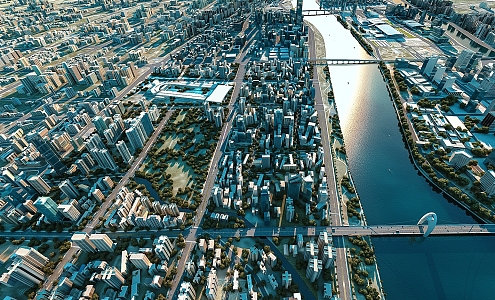 modern city, urban planning, river architecture 3d model