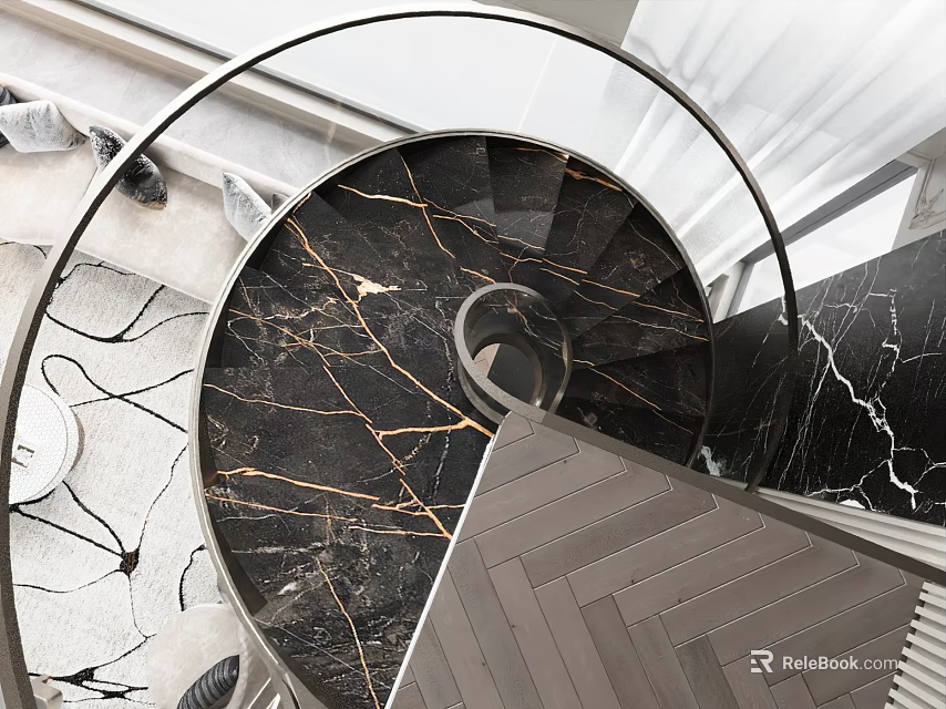 Modern Spiral Staircase With Black Marble Steps And Metal Handrail Design 3d model 