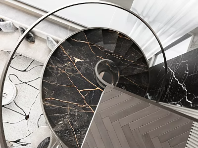 Modern Spiral Staircase With Black Marble Steps And Metal Handrail Design 3d model