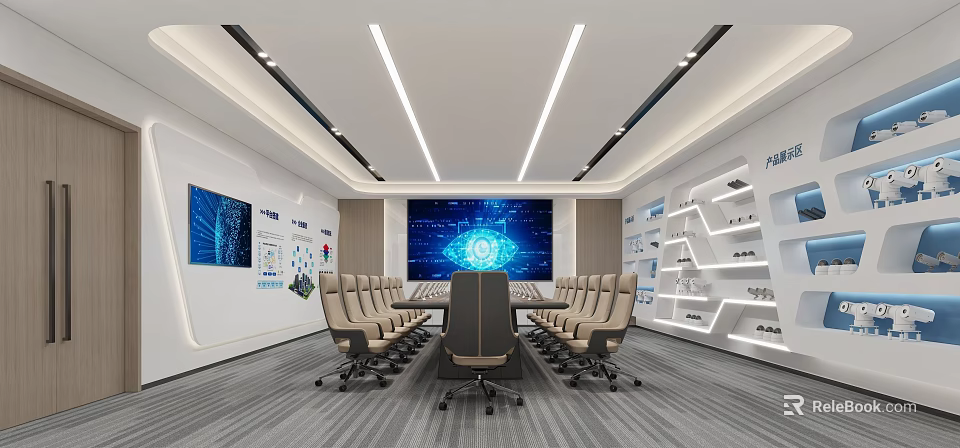 Modern Conference Room With Long Table Tech Screen Display Boards Shelves And Ceiling Lighting 3d model 
