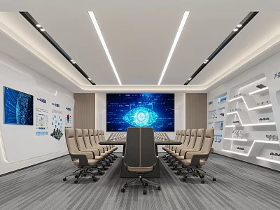 Modern Conference Room With Long Table Tech Screen Display Boards Shelves And Ceiling Lighting 3d model
