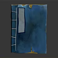 Blue 3D Decorative Sculpture With Ladder Like White Lines Yellow Trim And Textured Surface