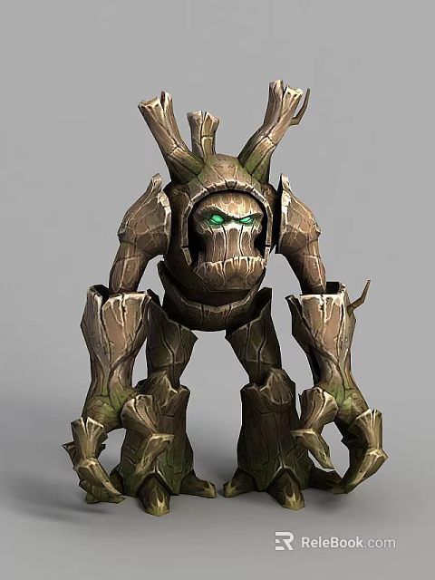 Tech Exhibition Hall Showcasing Wooden Creature Sculpture With Glowing Green Eyes 3d model 