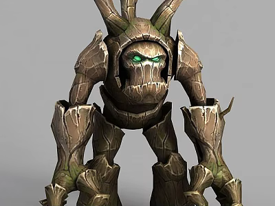 Tech Exhibition Hall Showcasing Wooden Creature Sculpture With Glowing Green Eyes 3d model
