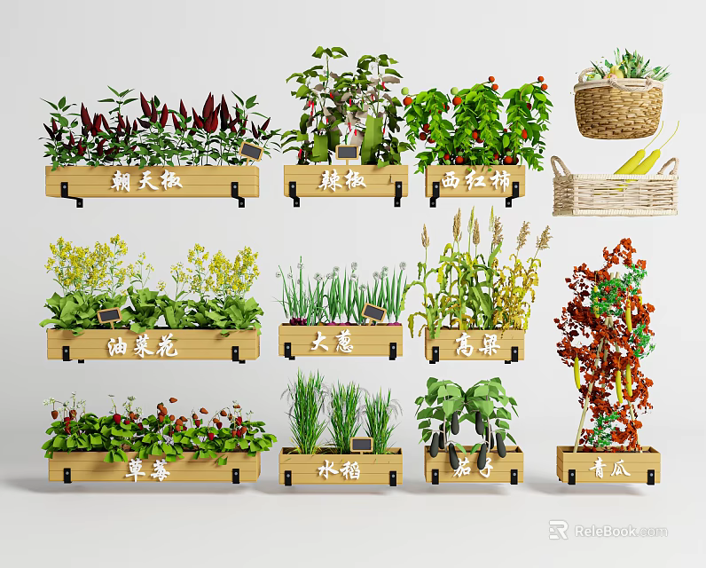 Diverse Vegetable and Herb Crops Growing in Wooden Planters for Home Garden 3d model 