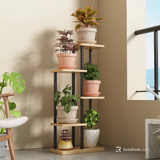 Modern Multi Tiered Flower Stand With Assorted Potted Green Plants Indoors 3d model 