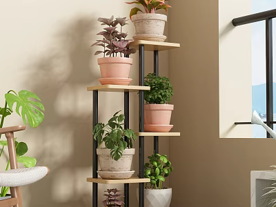 Modern Multi Tiered Flower Stand With Assorted Potted Green Plants Indoors 3d model