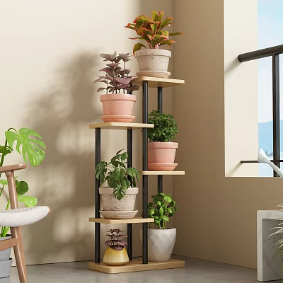 Modern Multi Tiered Flower Stand With Assorted Potted Green Plants Indoors 3d model