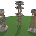 Different Designed Wooden Observation Towers With Spiral Stairs And Viewing Platforms