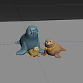 Three Cute Aquatic Seals Blue Yellow Brown Sitting Together on Gray Surface