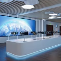 Modern Exhibition Hall With White Display Counter And Black Devices On World Map Wall