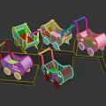 Various Colorful Wooden Baby Strollers With Cute Patterns On Display Stands