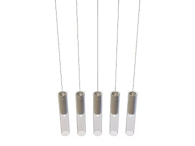 Tech Exhibition Hall Showcasing Five Hanging Transparent Tube Exhibits With Metallic Base 3d model