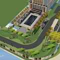 Modern Garden Landscape Design With Entry Archway Fountain And Green Trees