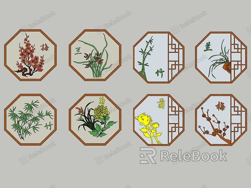 Chinese Traditional Folk Culture Four Gentlemen Plum Orchid Bamboo Chrysanthemum Literati Four Friends Qin Chess Painting and Calligraphy Window Frame Silhouette Mural Pendant Ornaments model