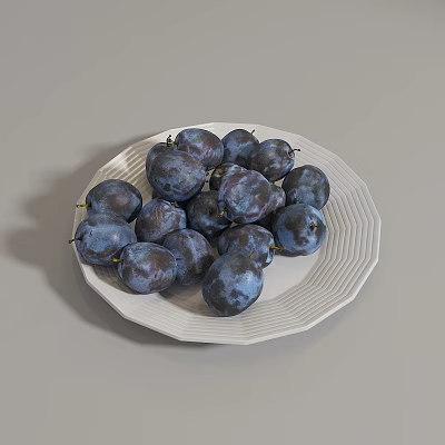 Fresh Dark Purple Plums Neatly Arranged On A White Ceramic Plate 3d model