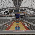 Spacious Basketball Arena Interior With Wooden Court Rows of Seats and Overhead Lighting