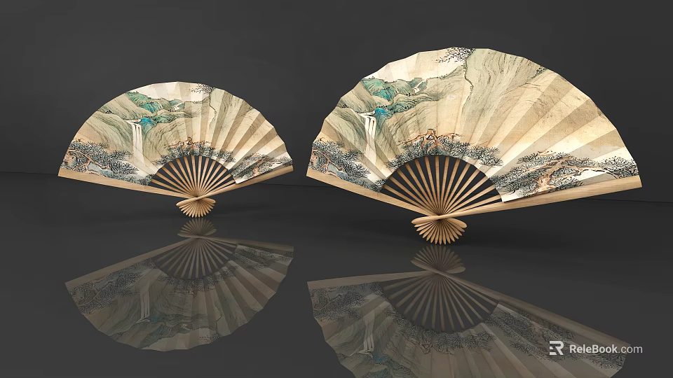 Traditional Chinese Folding Fans With Artistic Landscape Paintings And Wooden Frames On Reflective Surface 3d model 