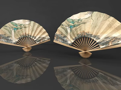 Traditional Chinese Folding Fans With Artistic Landscape Paintings And Wooden Frames On Reflective Surface 3d model