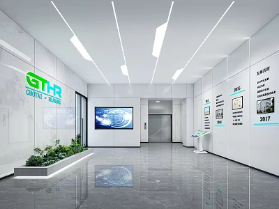 Modern Service Hall Interior Design With Digital Screen Information Displays And Greenery 3d model