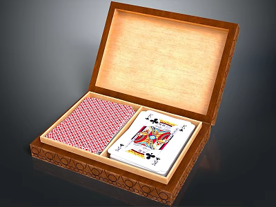 Open Brown Leather Box Containing Playing Cards With King Card And Red Checkered Lining 3d model