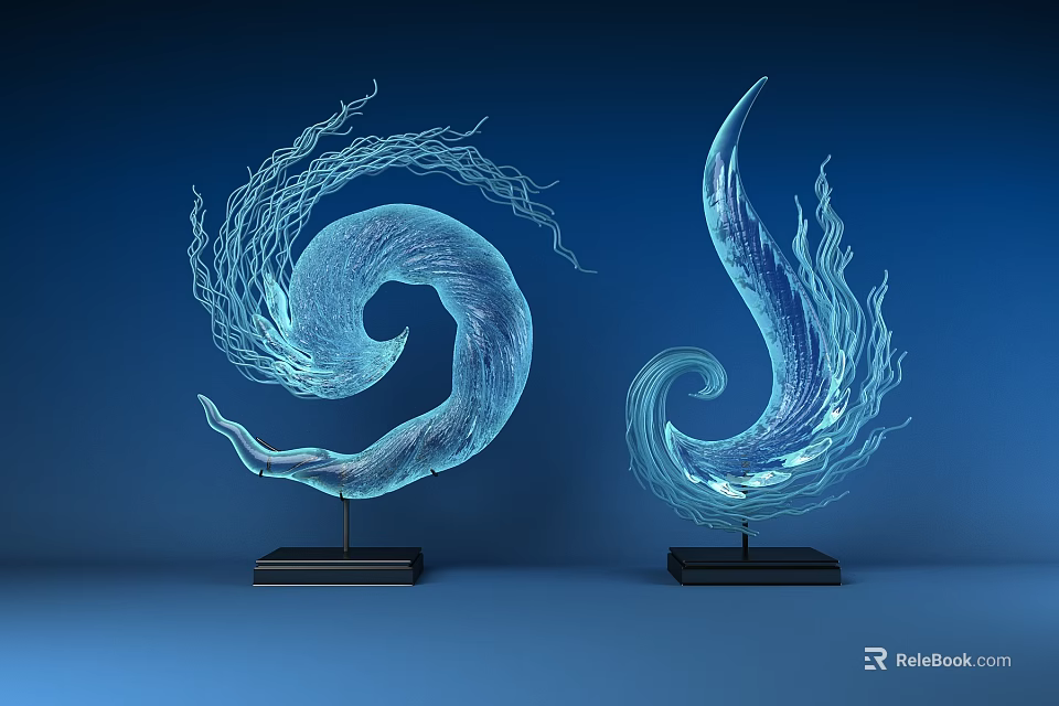 Modern Elegant Decorative Ornament Set With Spiral Wave Flame Like Design And Black Base 3d model 