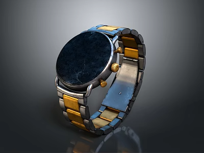 Elegant Modern Watch With Gold Blue Metal Strap And Dark Dial Fashion Accessory 3d model