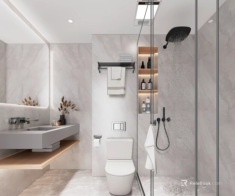 Modern Bathroom Interior With Stone Walls Sink Toilet And Glass Shower Enclosure 3d model 