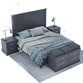 Modern Double Bed with Dark Headboard Nightstands Table Lamps Gray Bedding and Storage Bench 3d model