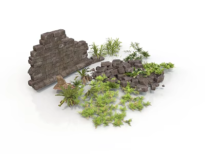 Modern Outdoor Scene With Stone Wall Scattered Bricks And Lush Green Plants 3d model
