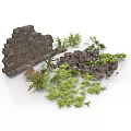 Modern Outdoor Scene With Stone Wall Scattered Bricks And Lush Green Plants