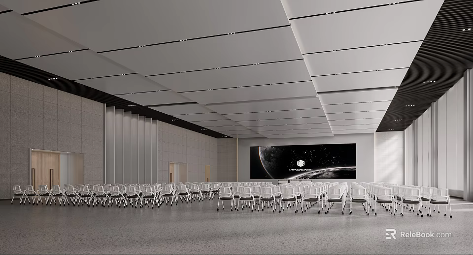 Modern Conference Room Interior With Rows Of Chairs And Large Screen 3d model 