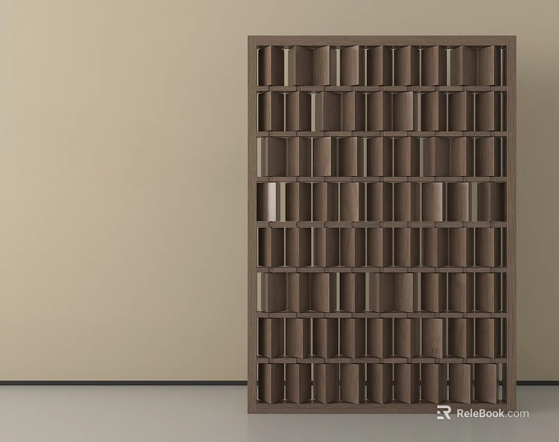 Wooden Grid Room Divider With Multiple Cubby Holes And Light Wall Gray Floor Background 3d model 