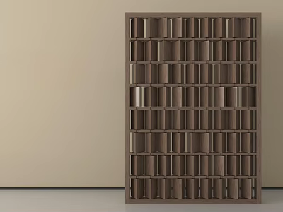Wooden Grid Room Divider With Multiple Cubby Holes And Light Wall Gray Floor Background 3d model