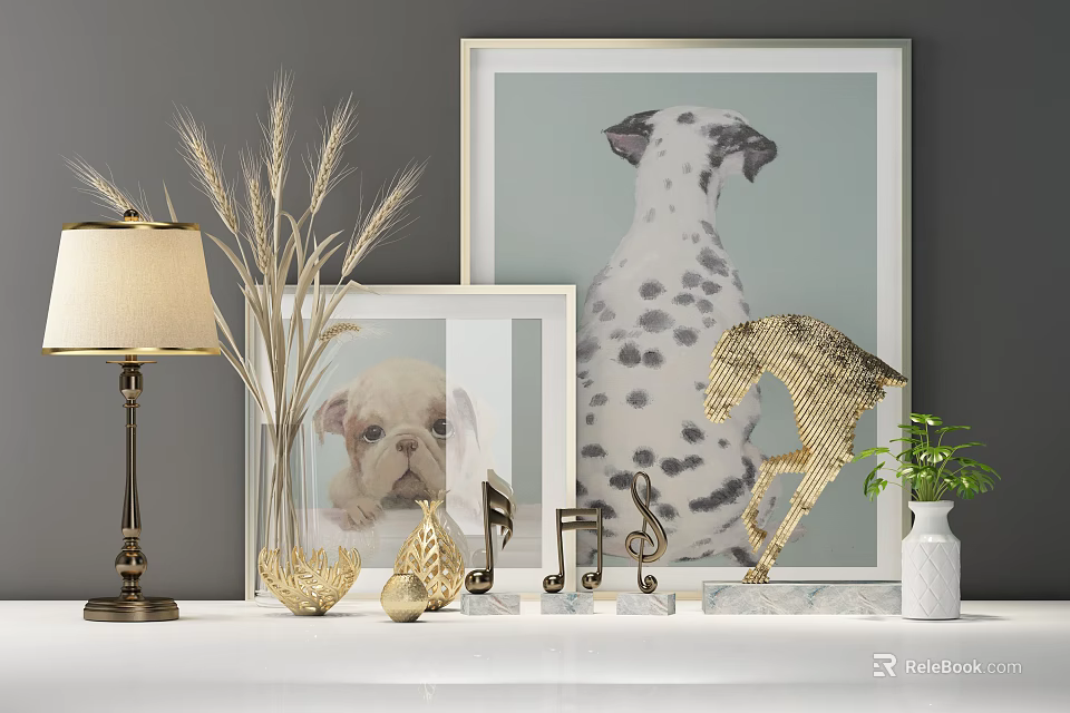 Decorative Ornament Set With Table Lamp Wheat Ears Puppy Frames Golden Music Notes Horse Figurine 3d model 