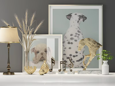 Decorative Ornament Set With Table Lamp Wheat Ears Puppy Frames Golden Music Notes Horse Figurine 3d model