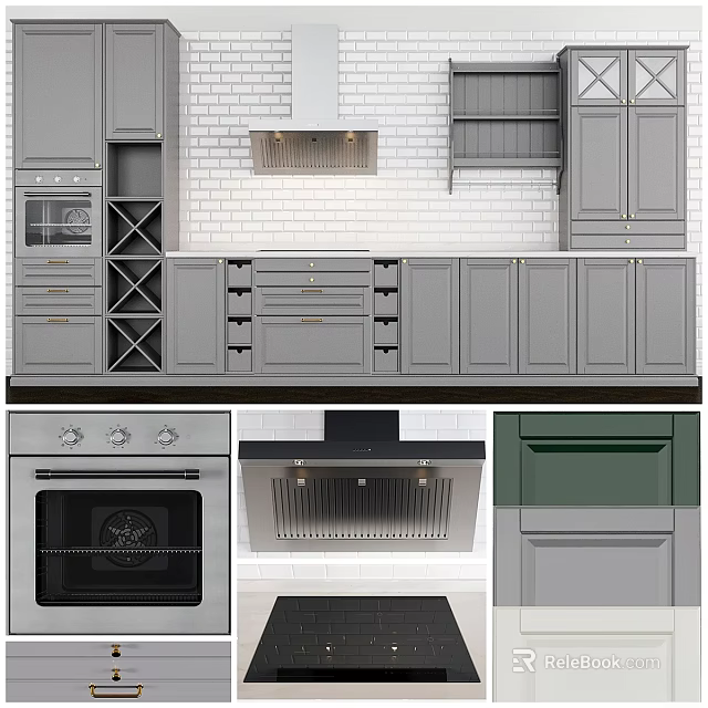 Modern Kitchen Interior Featuring Grey Cabinets White Countertop Range Hood And Oven 3d model 