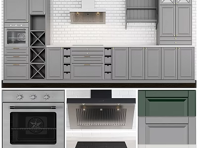 Modern Kitchen Interior Featuring Grey Cabinets White Countertop Range Hood And Oven 3d model