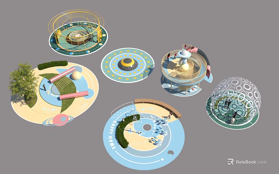 Multiple Circular Plaza Paving Designs Featuring Colorful Patterns And Recreational Elements 3d model