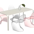 Modern Dining Table Set With White Table Red Transparent Chairs Clear Vase And Green Leaf 3d model