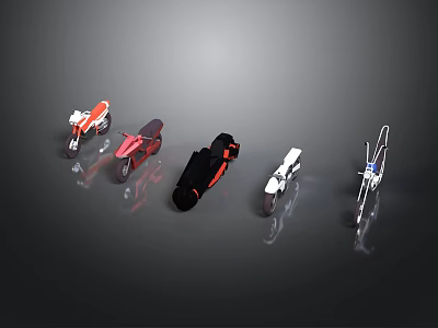 Different Style Motorcycles in Red Black White Colors Showcased in Modern Design 3d model